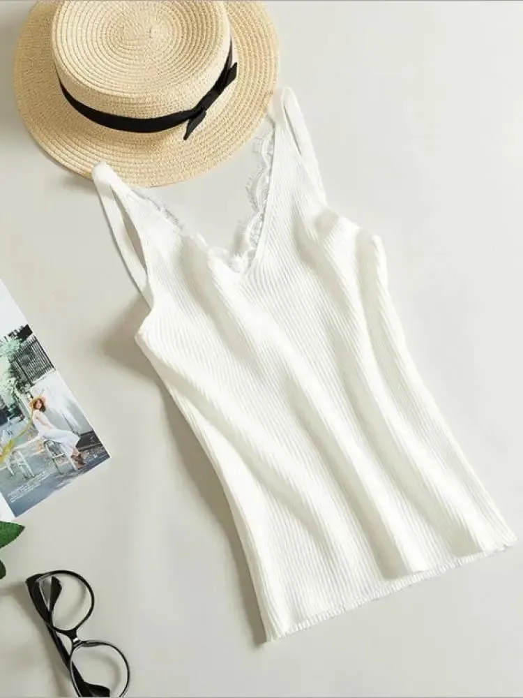 2026 Summer Casual Tops Solid Stitching V-neck Camis Women Hook Flower Lace Tank Female Knitted Short Slim Sleeveless Shirt