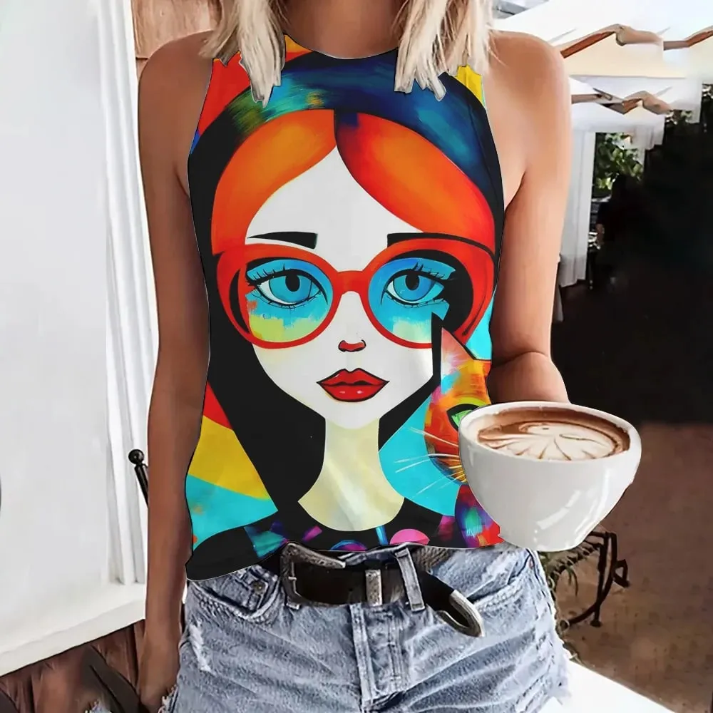 Débardeur d'été imprimé visage drôle de chat en 3D pour femmes, Streetwear à la mode, surdimensionné, col rond, gilet, épaules dénudées, sans manches, Camisole