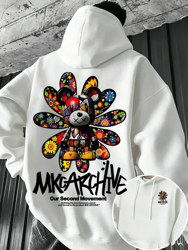 Men's Casual Hooded Sweatshirt – Colorful Floral Bear Graffiti Print Pullover Warm Street-Style Top for Autumn/Winter