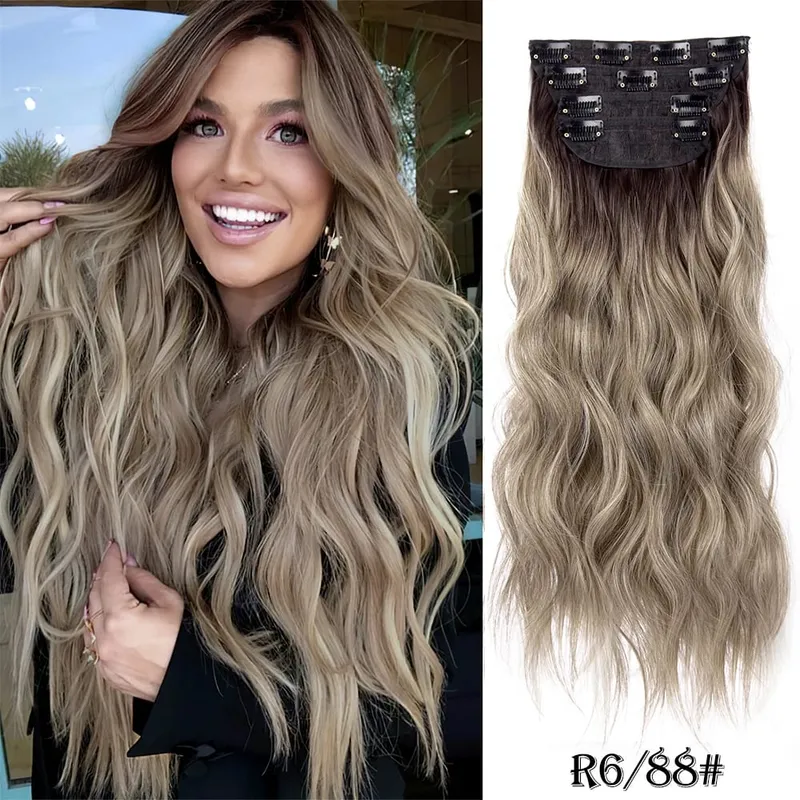 Clipe sintético longo ondulado feminino de alta temperatura, extensão de cabelo sintético, 4 peças, clipe longo, macio, ondas glam, grosso