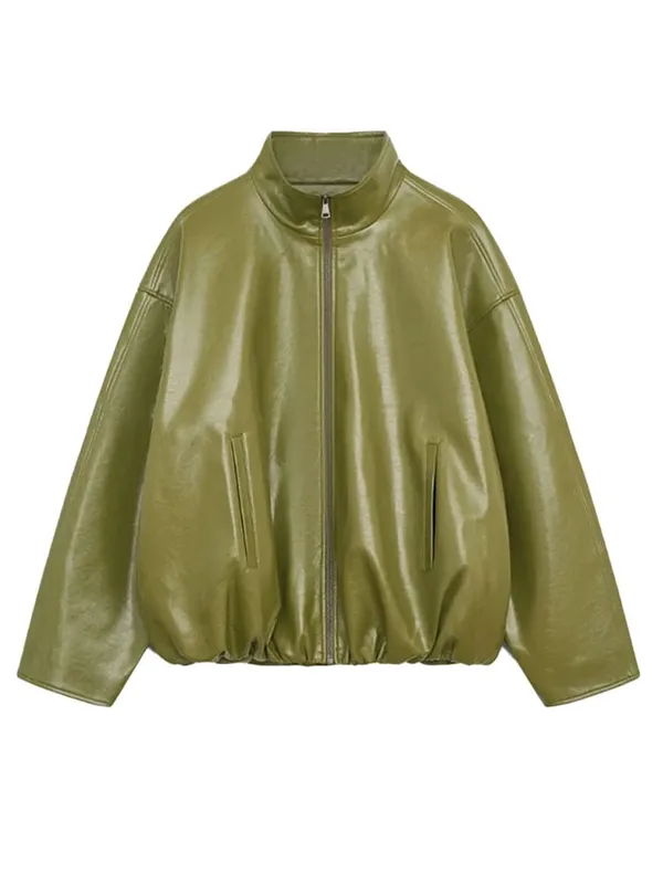 Vintage Green Leather Skirt Sets Women Fashion Solid Strapless Short Skirts Zipper Jacket Outfits Lady Daily Highstreet Outfit