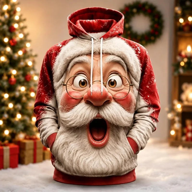 Men's Hoodie Funny Shocked Santa Claus Face Christmas Hoodie Breathable Pullover Sweatshirt for Christmas Holiday Party Wear Top