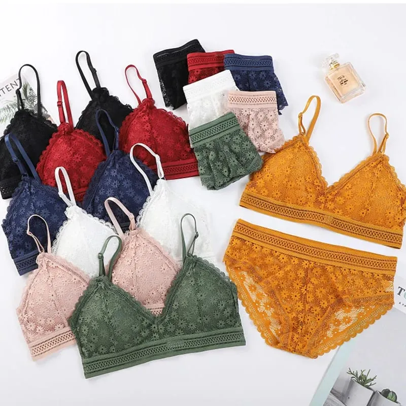 2PCS Sexy Lace Bra and Panty Set Push Up Seamless Bras Mid Waist Briefs Underwear Sets Sexy Underwear for Women