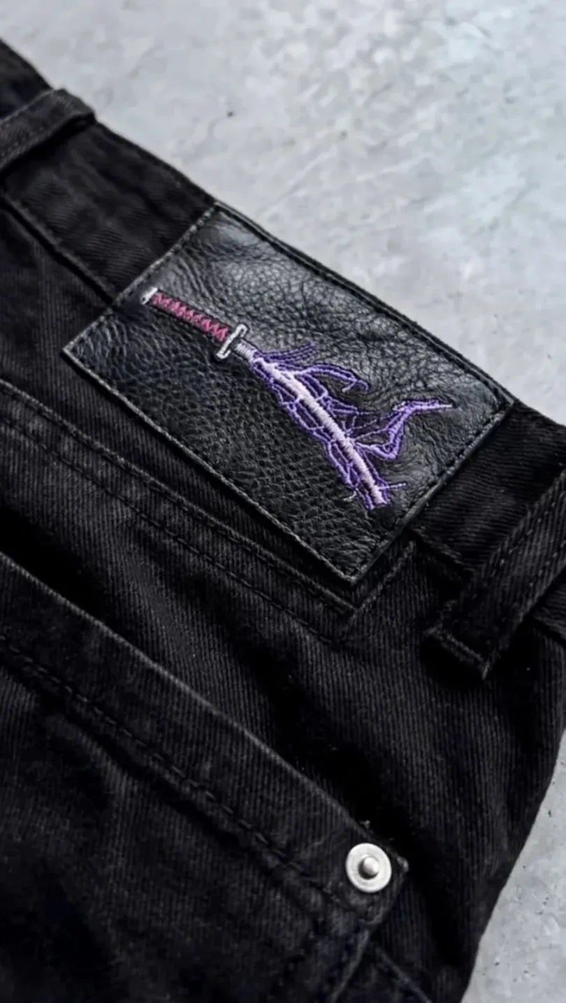 Men Y2K Anime Character Embroidered Jeans Streetwear Cargo Denim Pants Straight Leg High Waist Loose Rock Punk Unisex Jeans