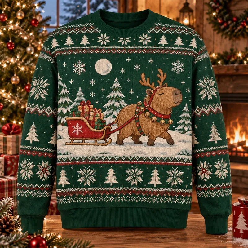 Capybara Christmas Sweater Funny Animal Holiday Graphic Crewneck Xmas Pullover Winter Party Gift Casual Streetwear Festive Top