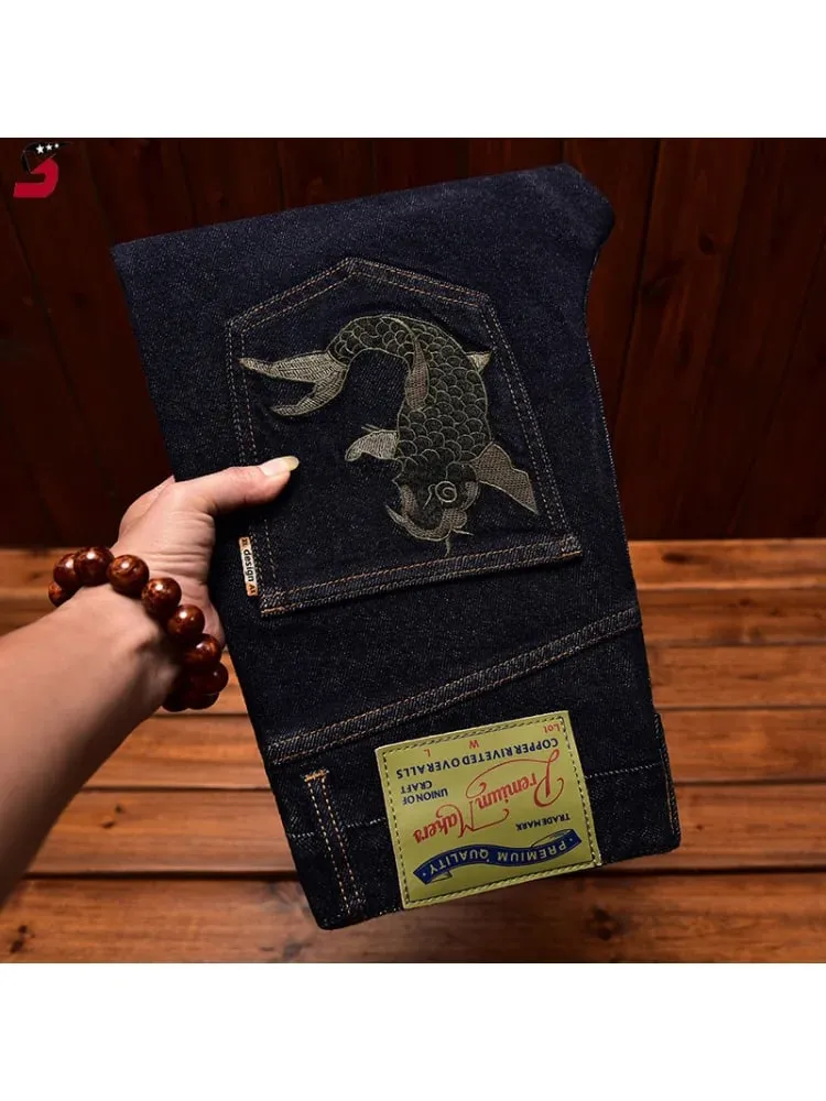 High end trendy Chinese style embroidered printed jeans men's fashion design slim fit small feet elastic denim pants