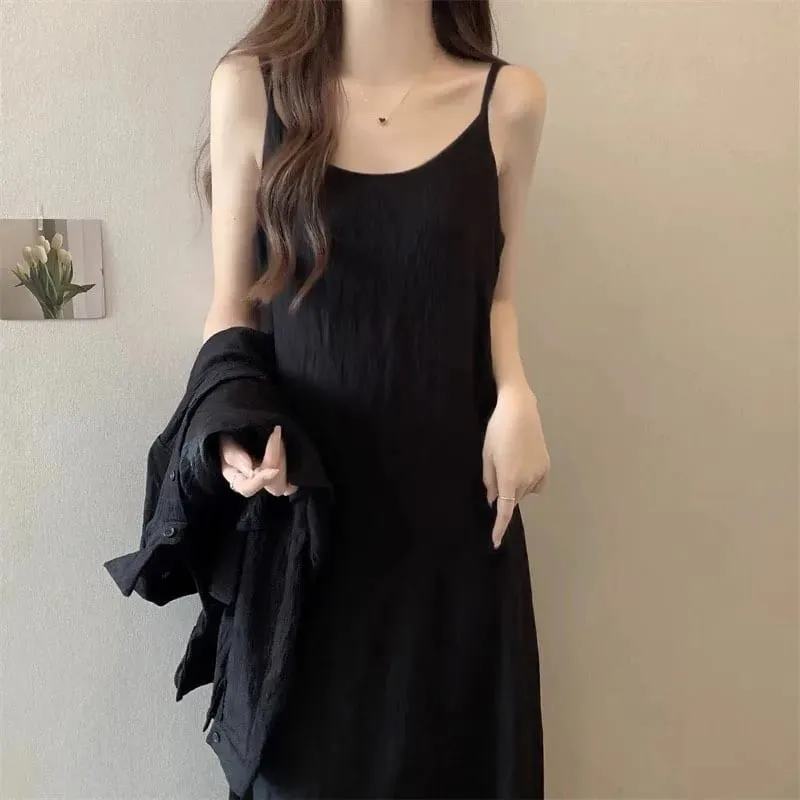 Verão plissado cami vestido emagrecimento estilo preguiçoso francês sexy cabido luxuoso vestido longo para mulheres venda quente versátil