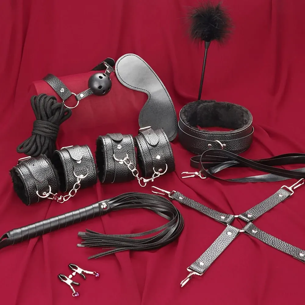 Giocattoli del sesso Kit di bondage BDSM Set di ritenuta in vera pelle Manette Collare Gag Vibratori Giocattoli del sesso per le donne Coppie Giochi per adulti