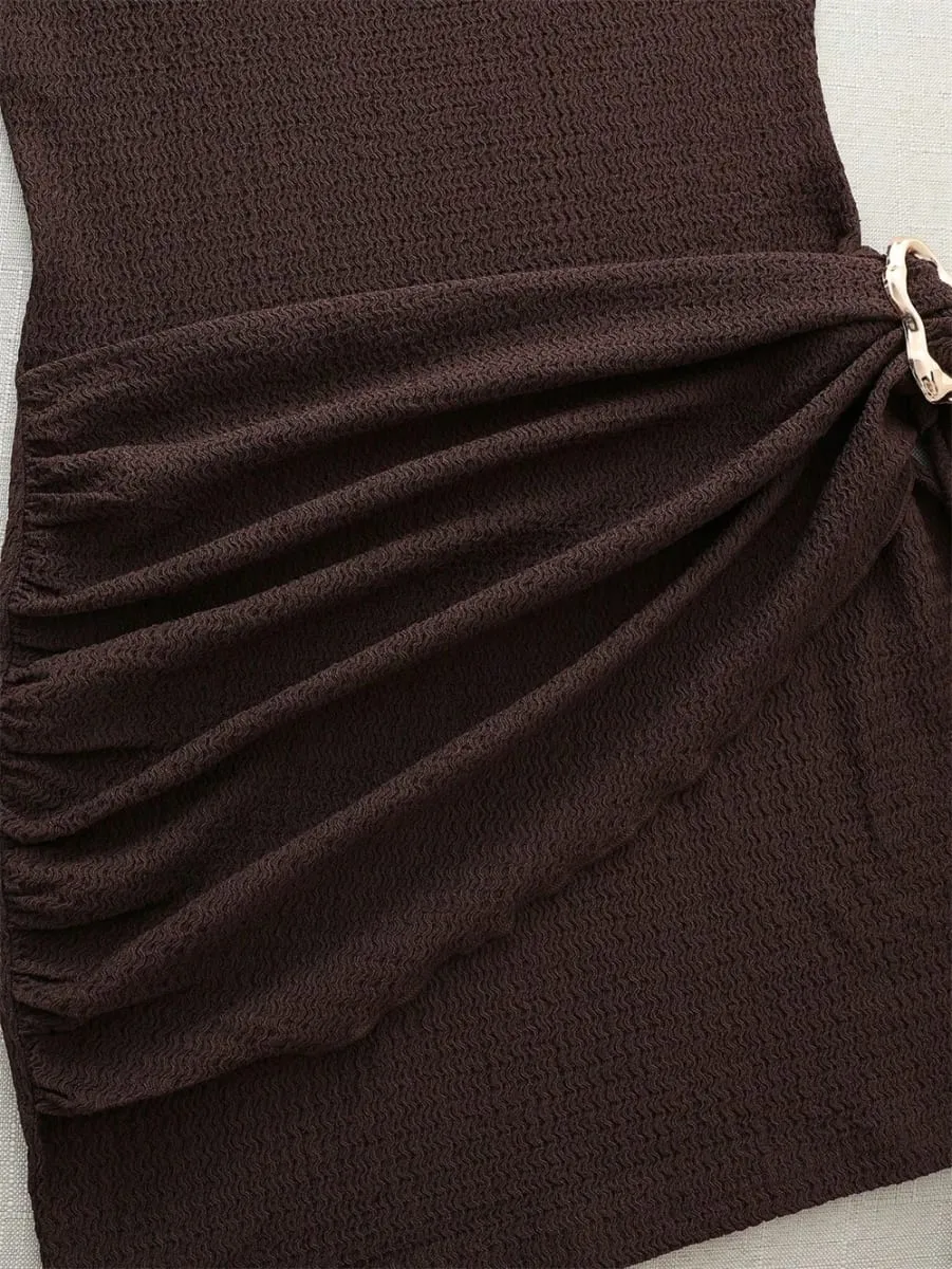 Kvinders elegant tekstur Stof plissering talje Sice-bånd Slim Fit Minikjoler Casual Metalspænde Ensfarvet Kjole Sommer — image 4