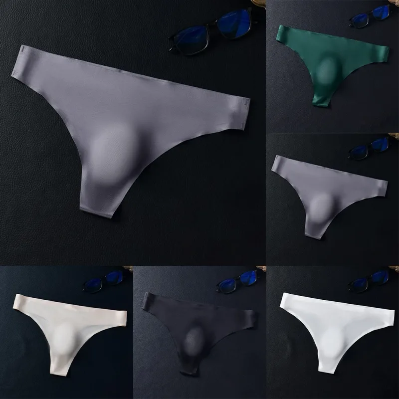 Men Seamless Ice Silk G-String Underwear 3D Bulge Pouch Low-rise T-Back Thongs Low Rise Men Bikini Briefs U Pouch Lingerie