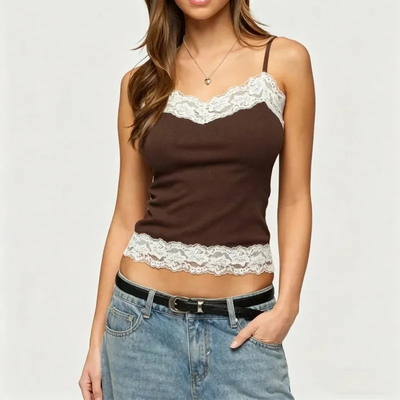Lace Tank Top for Women V Neck Floral Lacy Trim Crop Cami Teen Girls Y2K Slim Fit Spaghetti Strap Going Out Tops