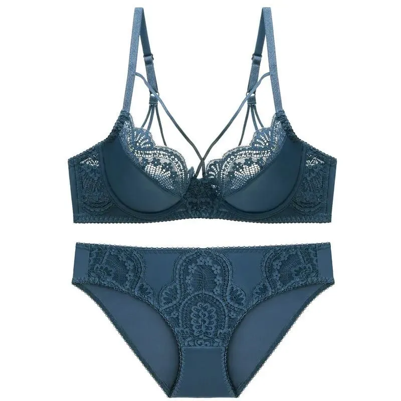 high quality sexy lace women bras and brief two piece set push up A B C D E cup wire summer lingerie underwear blue red black