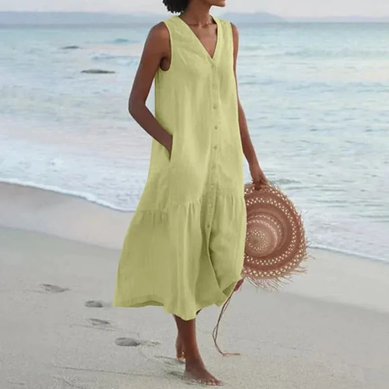 Sommer Lose Casual Patchwork Baumwolle Leinen Taschen Kleid V-ausschnitt Strand Stil Kleid Ärmelloses Vintage Club Midi Solide Frauen kleid