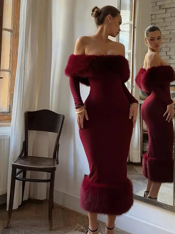 Dây Lông Thú Giả Miếng Dán Cường Lực Đầm Nữ Trễ Vai Gợi Cảm Full Tay Cinched-eo Bodycon Đầm Nữ Dự Tiệc Dạ Hội
