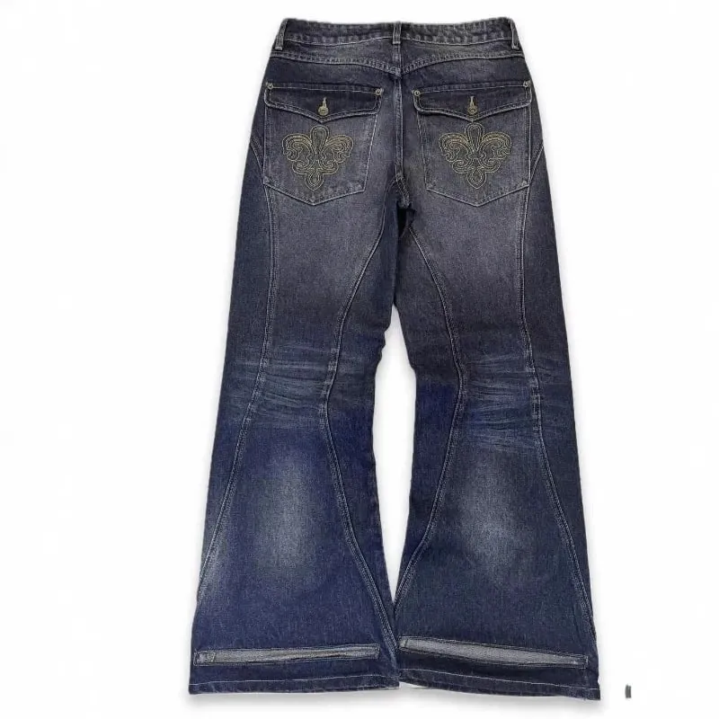 Mens Jeans Harajuku Vintage Streetwear Embroidery Hip Hop Denim Pants Washed Distressed Straight Leg Loose Fit Casual Unisex New