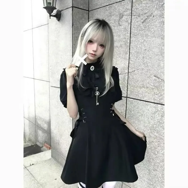 Gotisk vintage blonde Y2k minikjole Dame Design Streetwear Sort Lolita Slank kjole Langærmet Elegant Kjole Krydret piger