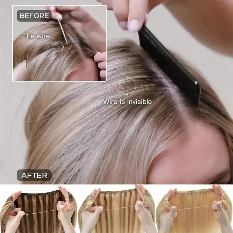 24Inch Synthetic Long Straight Hair Extension Invisible Fishing Line Heat Resistant Hairpiece for Women Daily Use