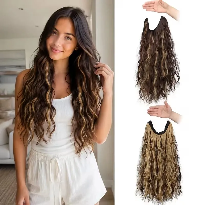 18Inch Synthetic Invisible Fish Line Hair Extensions Long Curly Wavy High Temperature Fiber Hairpiece for Women Daily Party