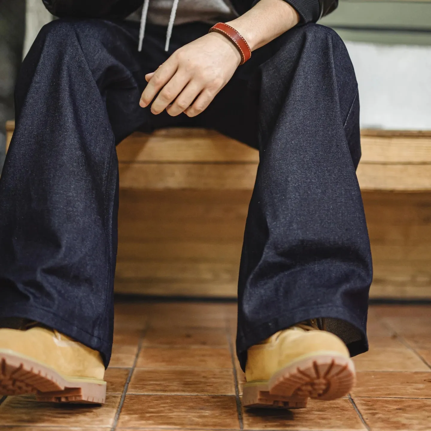Calça jeans masculina vintage Maden de 15,6 onças ourela crua com perna larga com zíper YKK e ajuste reto para outono e inverno