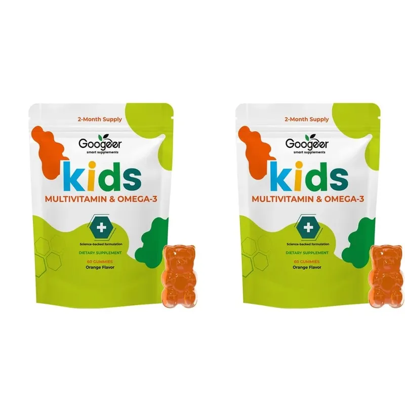 Googeer Kids Multivitamin & Omega-3 Gummies Vitamin C D3 B6 B12 Zinc Fish Oil Orange Flavor 60 Count Daily Nutrition Support