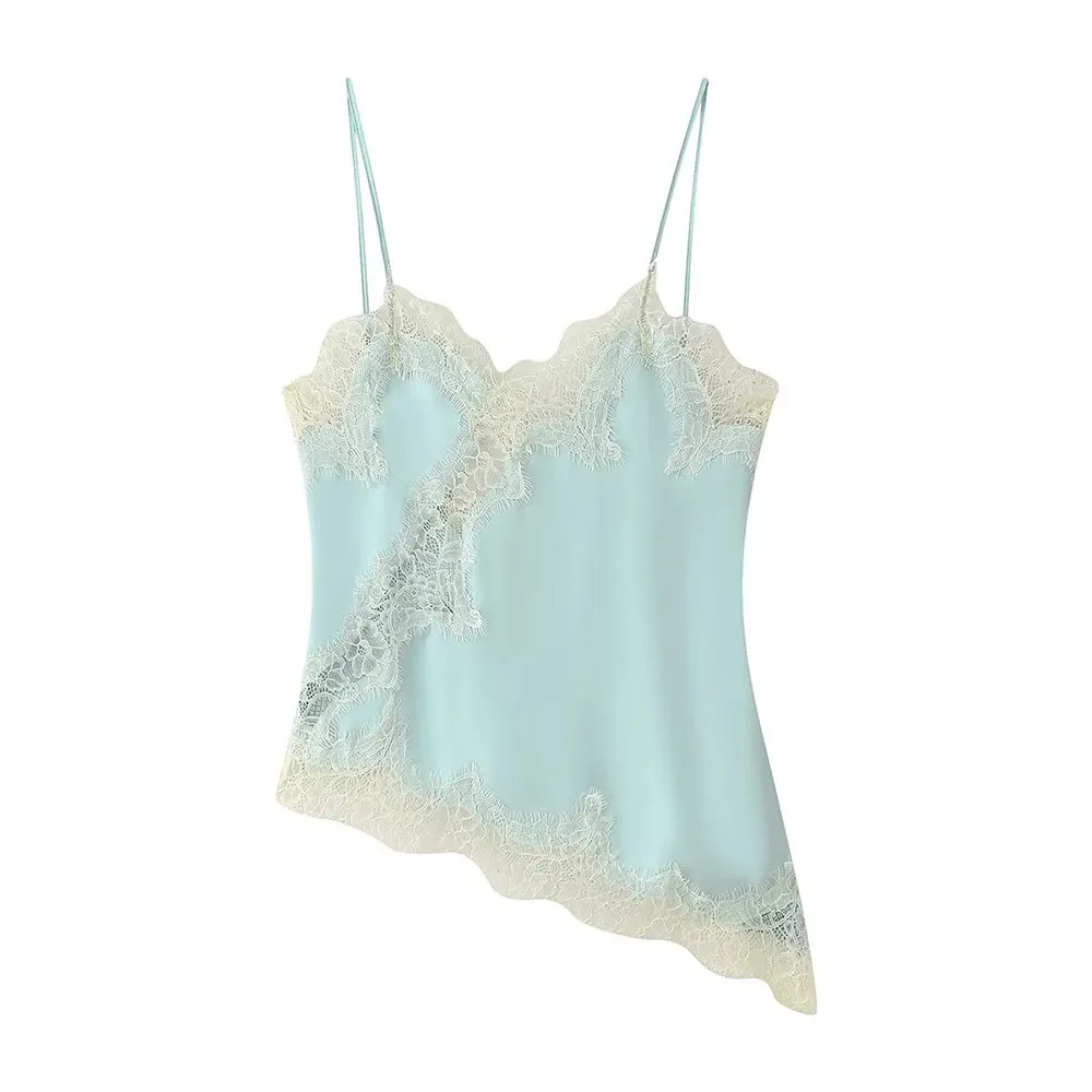 Women Sexy Satin Lace Trim Cami Tops Silk V Neck Spaghetti Strap Tanks Tops Y2k Coquette Loose Going Out Camisoles Streetwear
