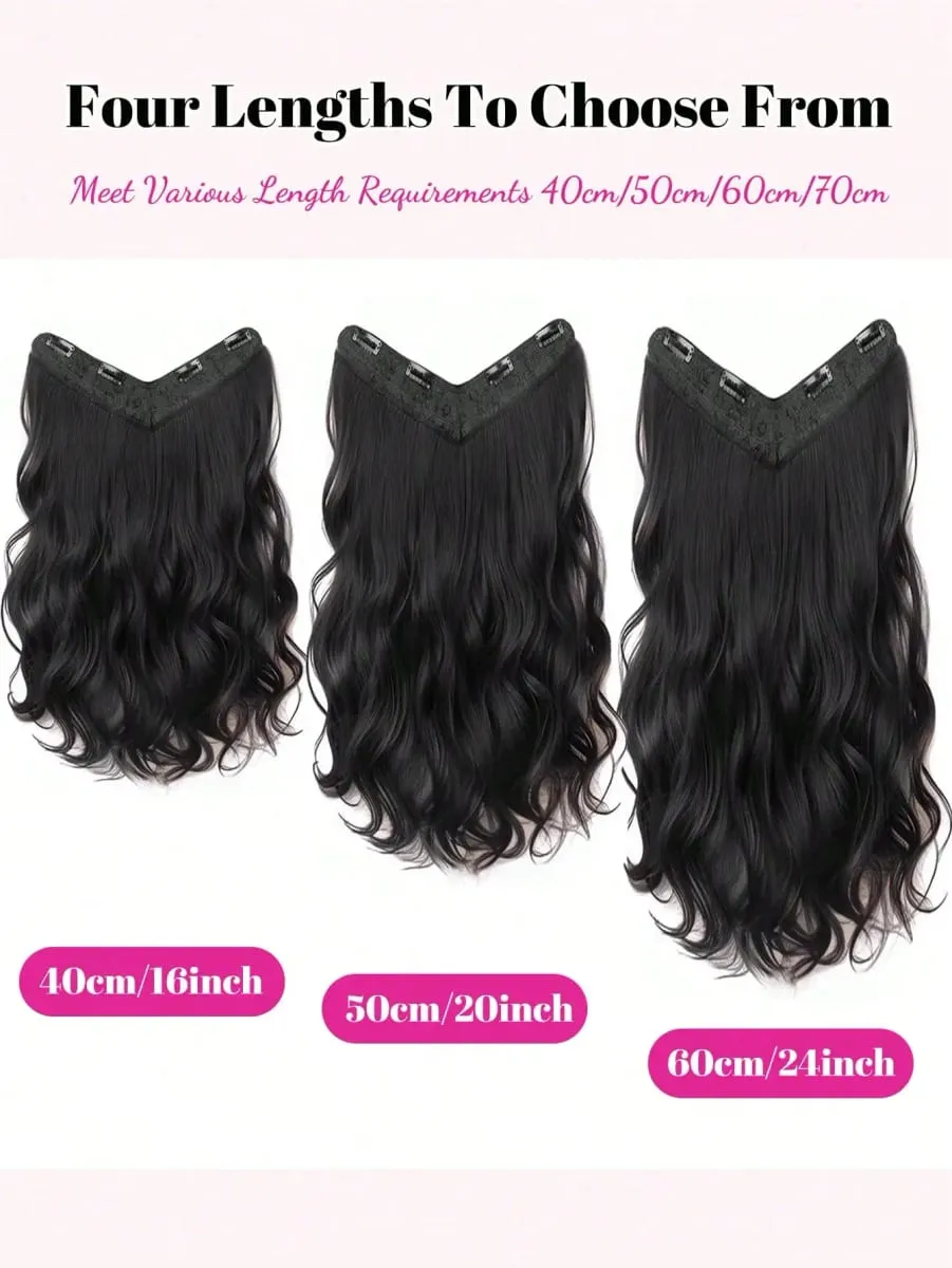 Synthetic Long Curly Wavy Clip in Hair Extension V-shaped Heat Resistant Black Hairpiece for Women