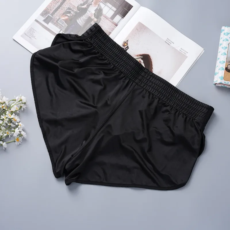 Men Satin Glossy Arrow Pants Split Side Boxer Shorts Sexy Underwear Loungewear Inner Jockstrap Mesh Pouch Sleep Bottoms