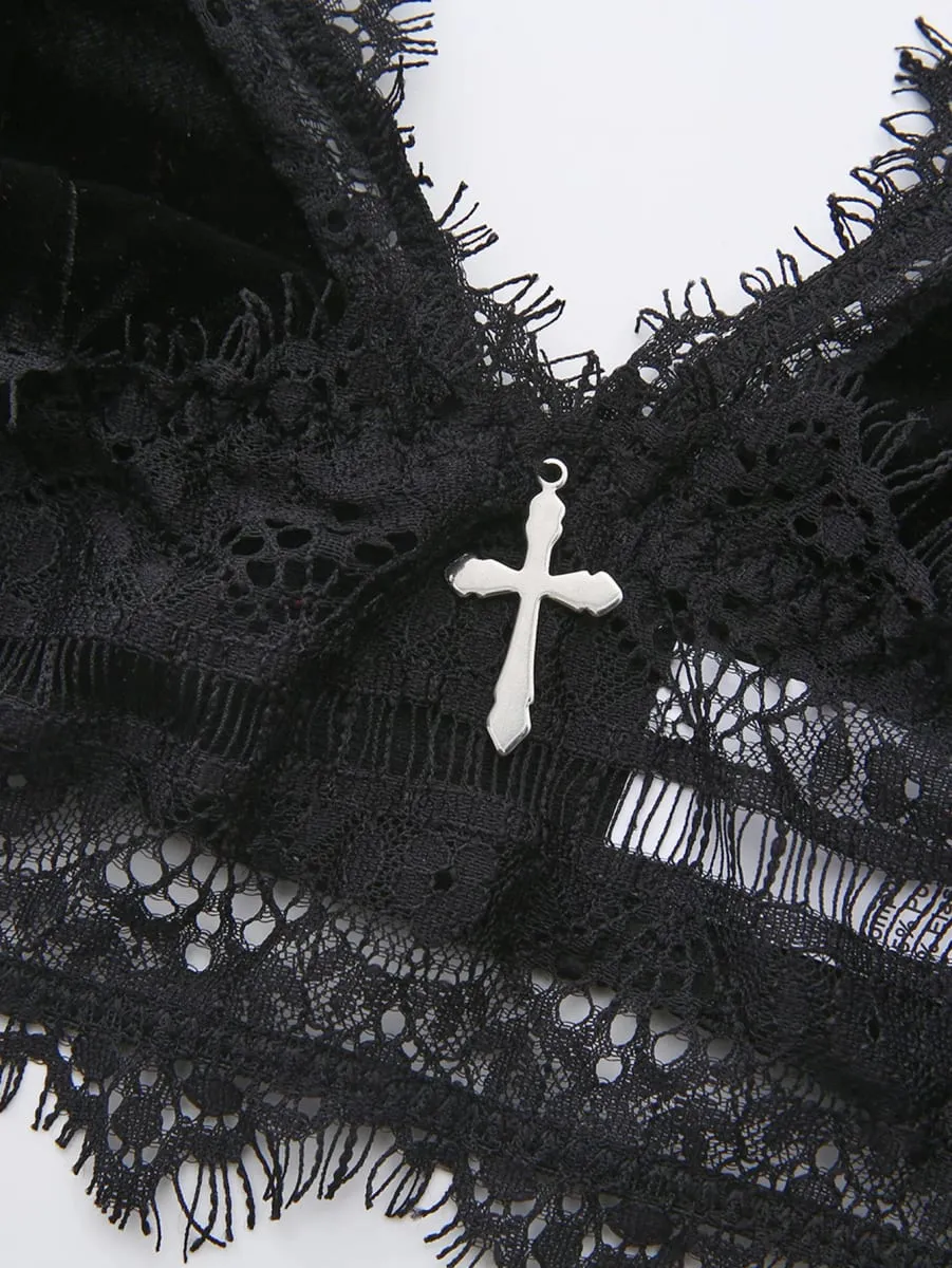 Women's Black Lace Lingerie Set Gothic Dark Style Cross Pendant Bra And Panty Set for Adult Size