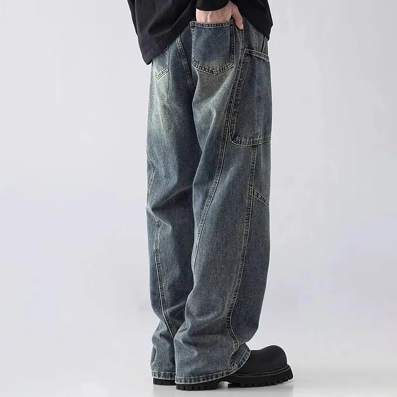 Korean Style Large Pocket Workwear Jeans Retro Blue Men'S Baggy Jeans Straight Leg Pants Casual Wide Leg Pants Casual Pants