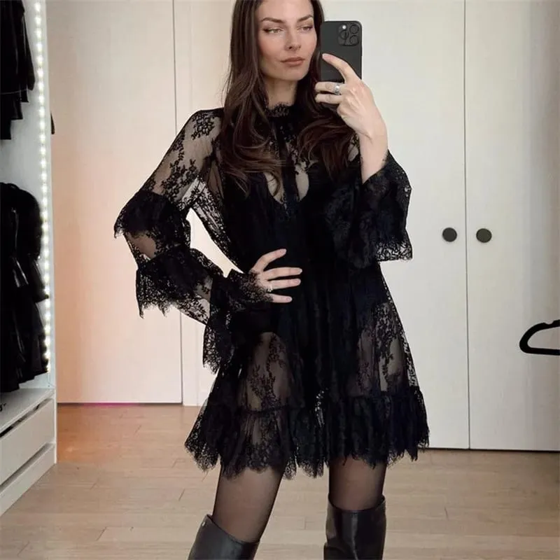 Women's See Through Lace Dress Long Sleeve Crew Neck Casual Loose Sheer Dress Vacation Beach Cocktail Mini Dresses