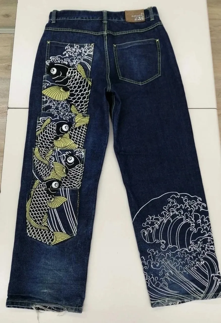 Vintage Japanese Selvedge Jeans Man Y2K High-end Brand Natural Indigo Dip Dyeing Harajuku Mopping Pants