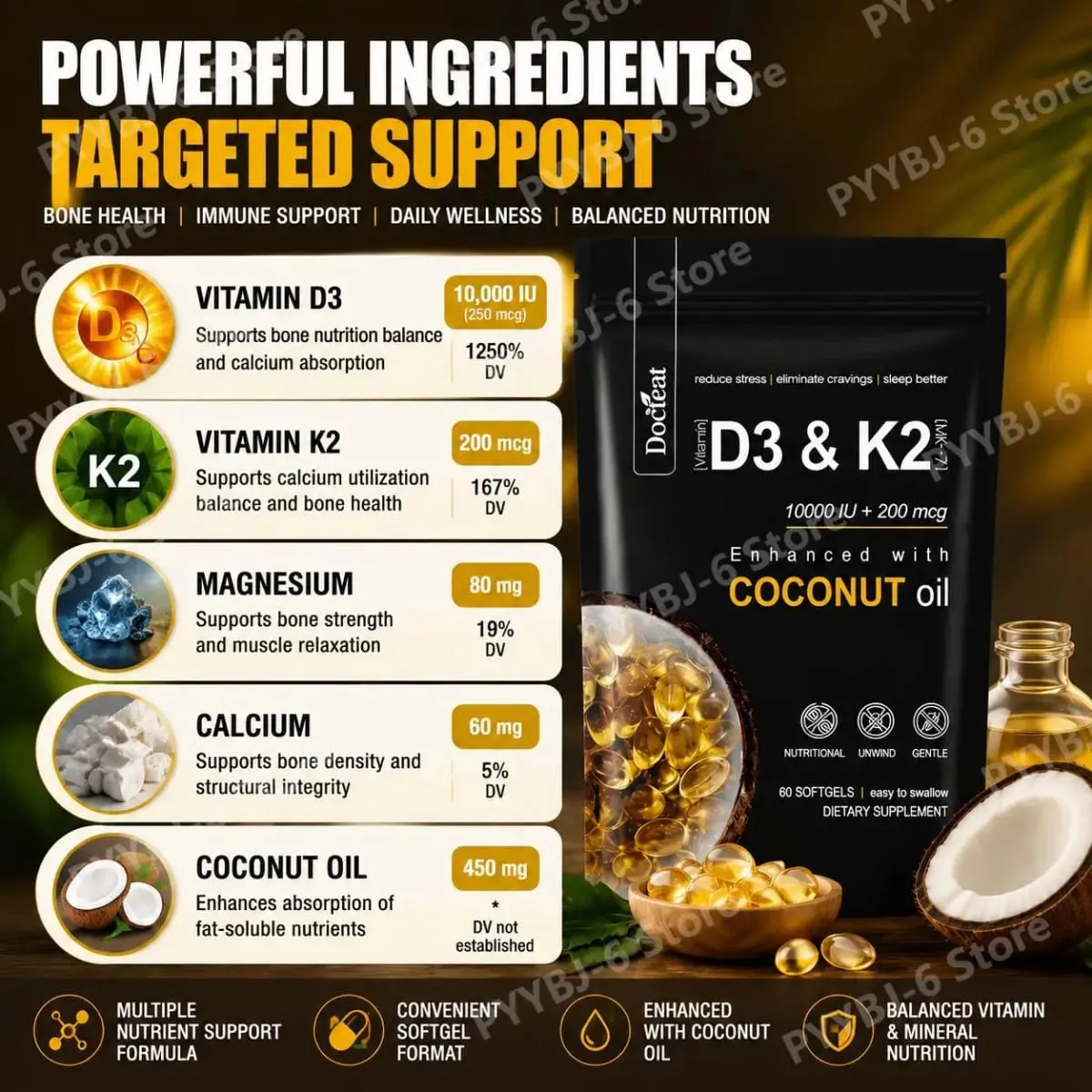 Docteat Vitamin D3 & K2 Softgels with Magnesium and Coconut Oil for Bone Nutrition Balance Immune System Balance - 60 Softgels