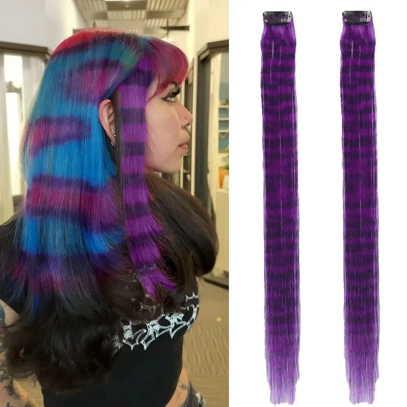2PCS 18inch Hair Extensions Wig Hairpiece Colorful Leopard Print Hair Extensions Clip in for Women Halloween Party Daily Wear