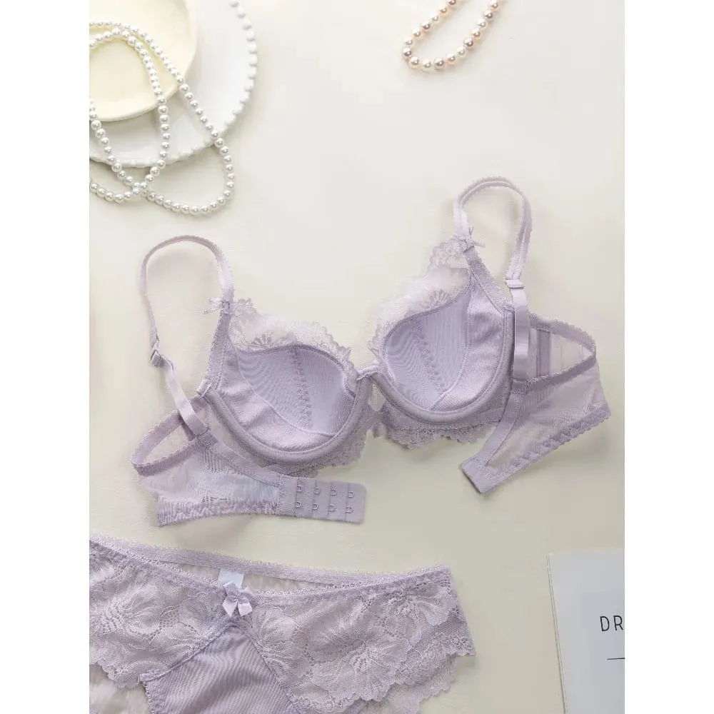 Women Lace Bra Panty Set Summer Thin Push Up Side Support Anti Sag Sexy Pure Desire Lingerie Underwear Suit 32‑38