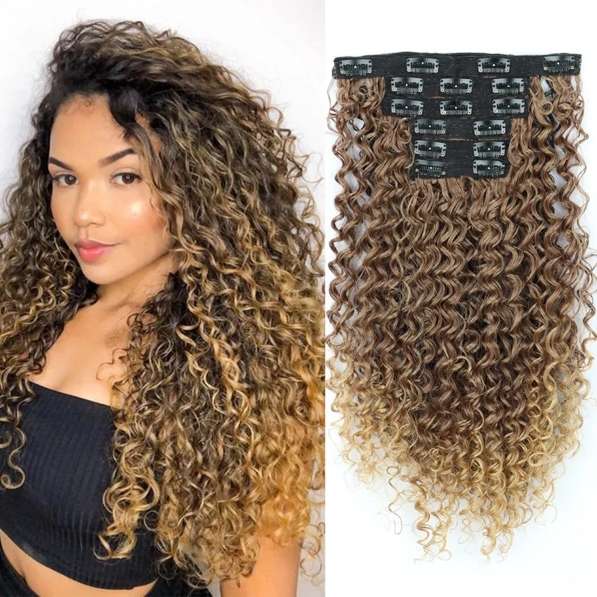 Synthetic 26Inch Kinky Curly 16 Clip In Hair Extensions Black Brown Full Head Fake Pieces Kinky Curly Hair Extensions