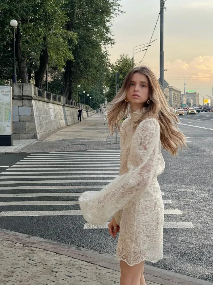 Lady Trendy Hollow Out Lace Mini Dress Elegant 2025 New Long Sleeve Designs Chic High Neck Short Vestidos Autumn Club Night Gown