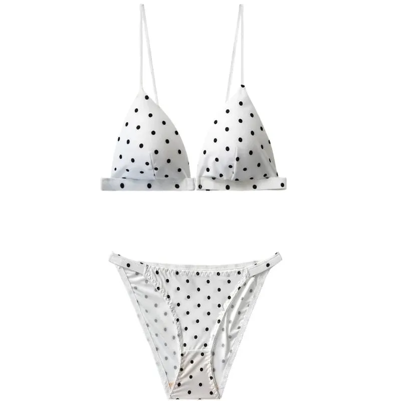 New Ladies Bikini Style Triangle Cup Bralette Set Retro Polka Dot Front Closure Comfort Push Up Female Underwear