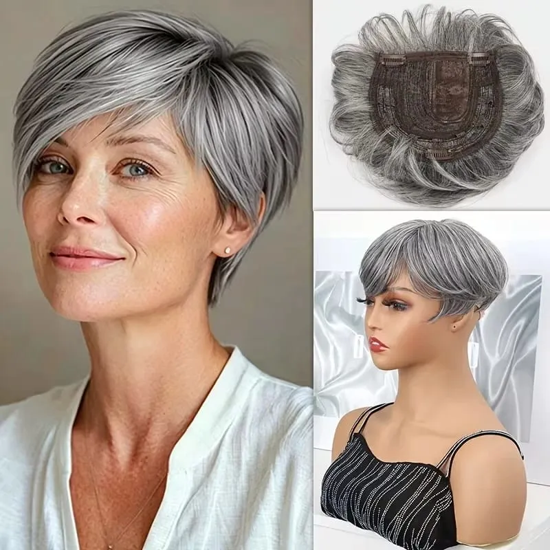 Synthetic Short Hair Topper Lightweight Fiber Hair Extension for Increase Volume Cover White Hair Effortless Daily Use Styling — image 7