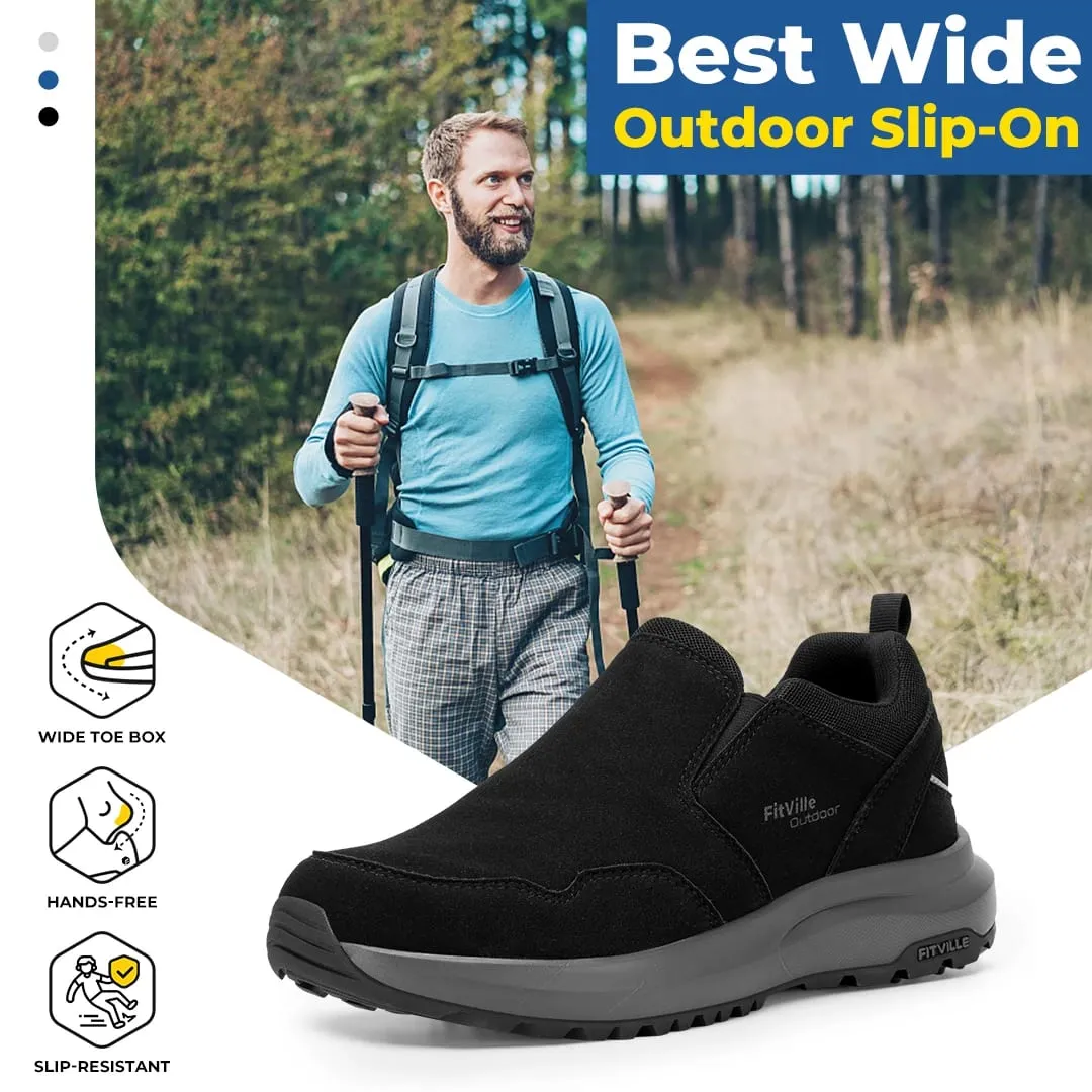 FitVille Men Extra Wide Slip On Hiking Loafers Comfort Orthopedic Walking Sneakers with Arch Support for Outdoor Trekking Trails Flat Feet & Foot Pain Relief