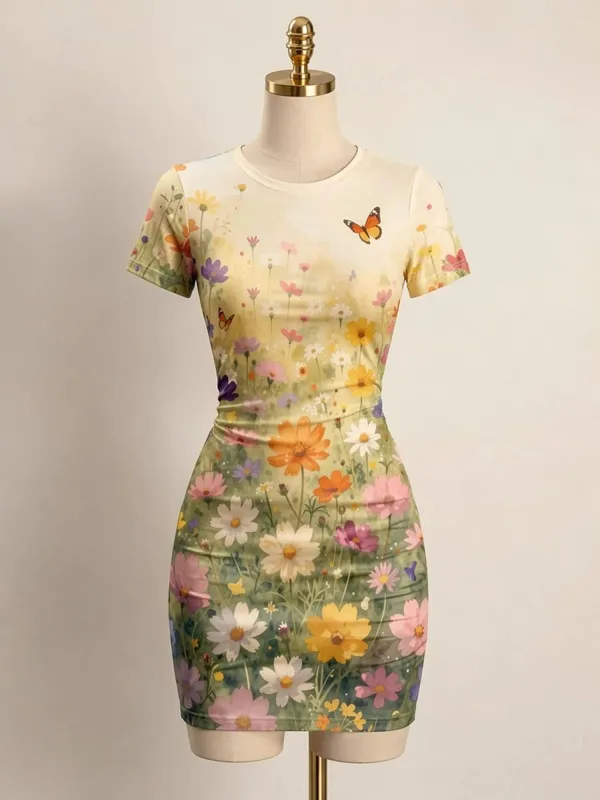 Womens Short Sleeve Bodycon Mini Dress Slim Fit Crew Neck Floral Print Casual Summer Party Flattering Lightweight Party Sundress