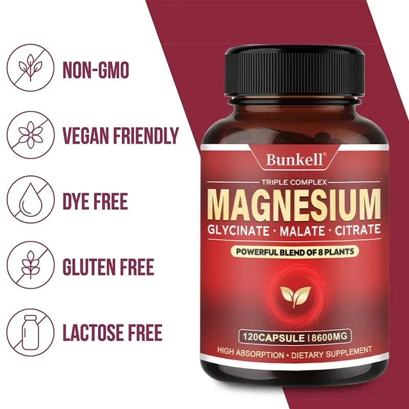 Citrato malato di magnesio glicinato ad alto assorbimento 100% chelato non OGM Vegetariano senza glutine 8 600 Mg 120 capsule