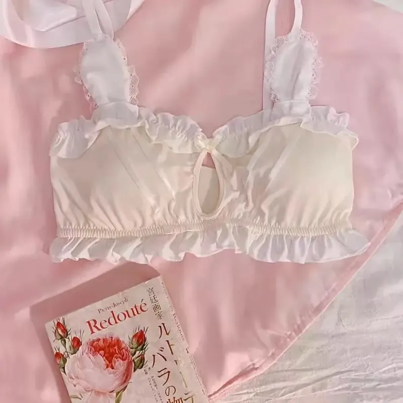 Cute Japanese Rabbit Ear Bra Panties Set Wireless Thin Triangle Brassiere For Small Flat Breast Breathable Daily Underwear S-XL