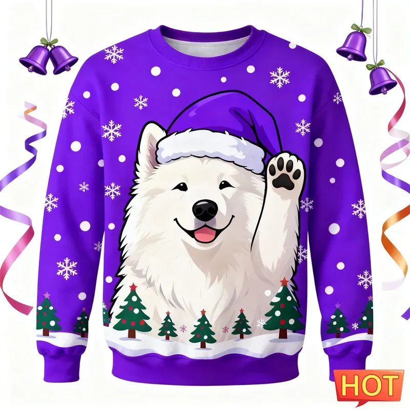 Cute Samoyed Graphic Ugly Christmas Sweater Fashion Holiday Wear Dog 3D Printed Sweatshirts Casual Oversized Unisex Pullovers