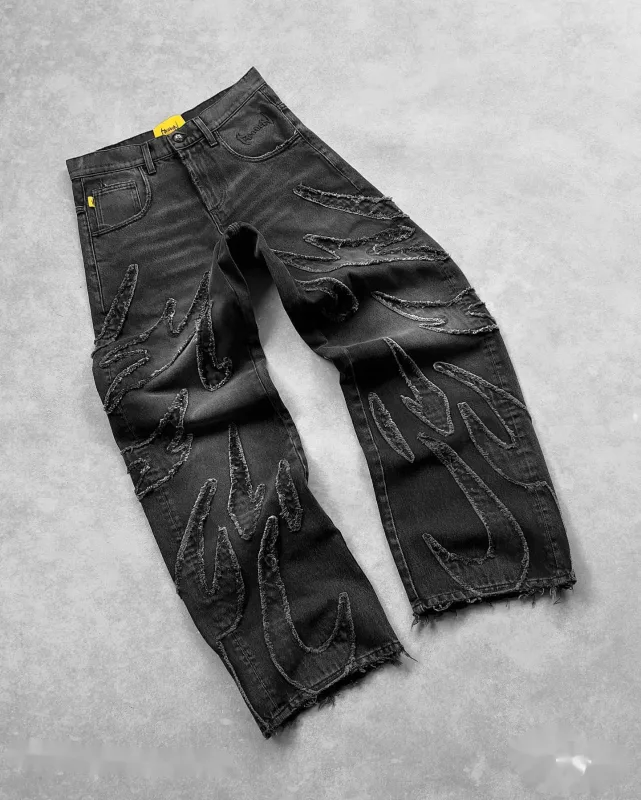 Y2K Jeans Longgar Bordir Hewan Kelelawar Celana Denim Gotik Hip Hop Hitam Pria Antik Celana Panjang Kaki Lebar Lurus Wanita Mode