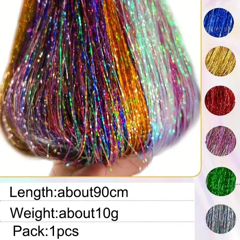 90cm Synthetic 3pcs/set Rainbow Colored Shiny Hair Laser Tinsel Long Straight Heat-Resistant Fairy Hair Extensions Party Daily