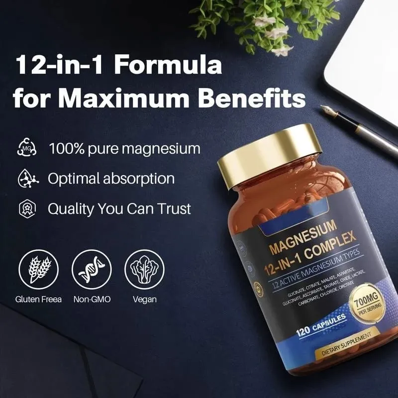 12 in 1 Magnesium Complex Capsules - Promotes Restful Sleep & Relieves Muscle Supports Bone Muscle and Heart Health
