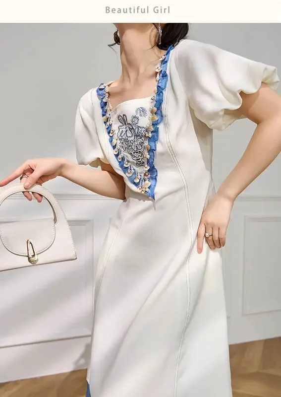 2026 Fashion Vintage Mesh Spliced French Waist Dress Summer New Square Neck Ruffle White Long Dress For Women，Wholesale Support