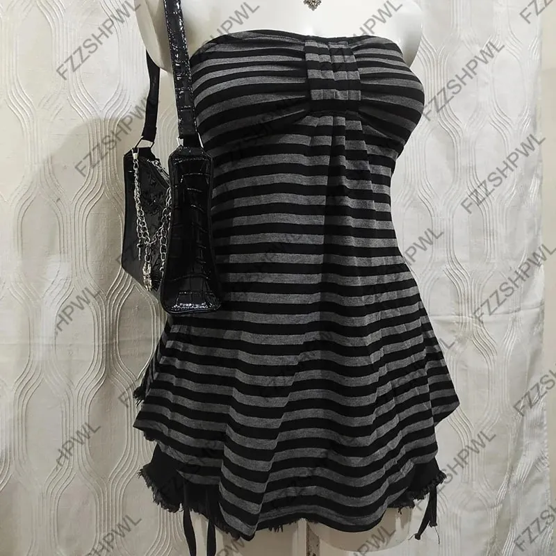 Y2k Tank Top Streetwear Punk Harajuku Stripe Print Unique Crop top Spicy Girls Casua Rock Goth Sleeveless Top Chic Hip Hop Vest