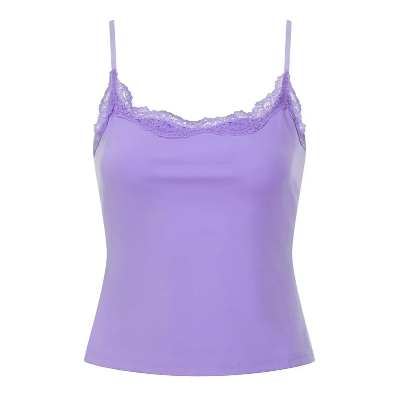 Women’s Lace Trim Pink Cami Vest Spaghetti Strap Sleeveless Slim Fit Tank Top Casual Summer Daily Wear Crop Tops Streetwear