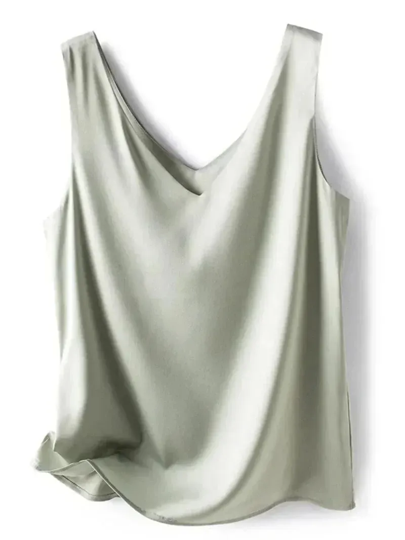 Kvinde T-shirts Elegant SILK Satin Bluse Ærmeløs Kvinde Sommer Casual Løse Tanks og Camis Ensfarvede grønne toppe til kvinder — image 8